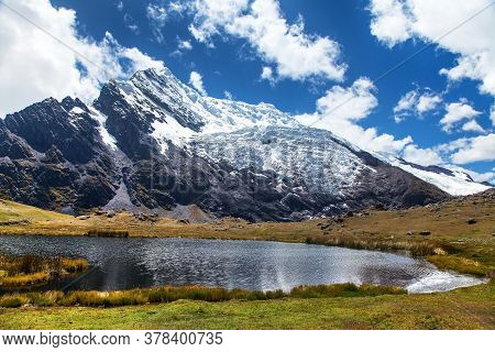 Ausangate Trek Trekking Trail,  Moutain With Lake And Glacier, Ausangate Circuit, Cordillera Vilcano