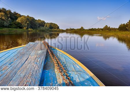 Belarussian Travel Destinations. The Pripyat River With Motorboat Passing Along