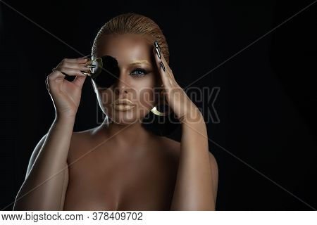 Sexy Beautiful, Beauty Woman With Golden Makeup, Lipstick, Hairstyle And Maicure. Gold Paint On Hair