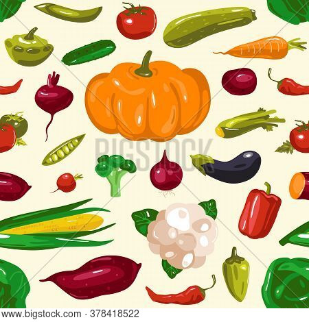 Stock Vector Illustration Of Vegetables Seamless Pattern. Design In Flat Style. Isolated On White Ba