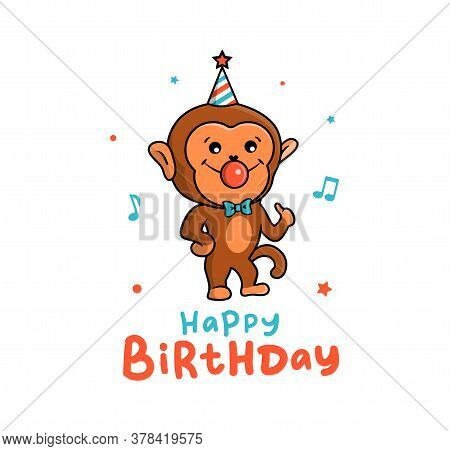 The Beautiful Card Of A Monkey On Holiday. A Funny Cartoon Character Used For Happy Birthdays