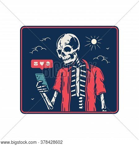 Skeleton With Smartphone Using Social Network Badge Color White Background