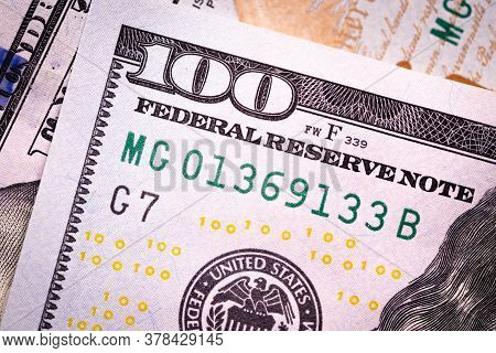 Fragment Of 100 Dollar Bill. Close Up Of American Currency. Us Dollar Background.. Macro Shot.