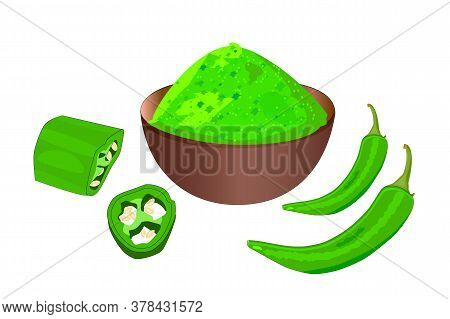 Cayenne Pepper Isolated On White Background. Green Hot Chili Pepper Pod And Bowl With Powder. Culina