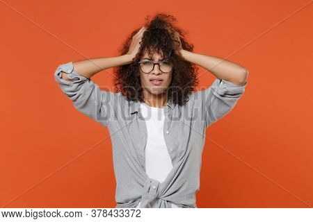 Preoccupied Displeased Young African American Woman Girl In Gray Casual Clothes, Eyeglasses Isolated