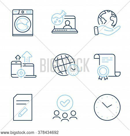 Edit Document, Online Chemistry And Time Line Icons Set. Diploma Certificate, Save Planet, Group Of 