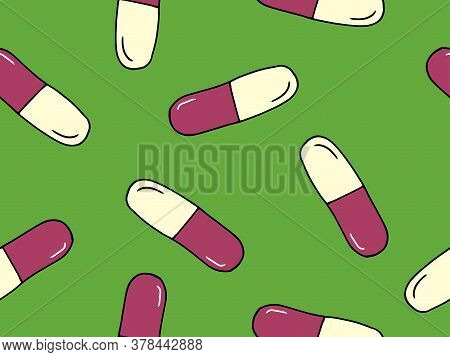 Pills Hand Drawn Seamless Pattern. Medicines Seamless Pattern. Capsules Hand Drawn Seamless Pattern 