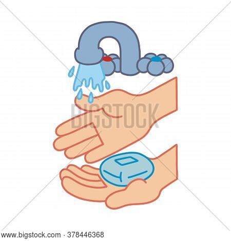 Hands Washing Color Vector Healthy Covid Illustration. Wash Your Hands, Hand Drawn. Beige, Bkue And 