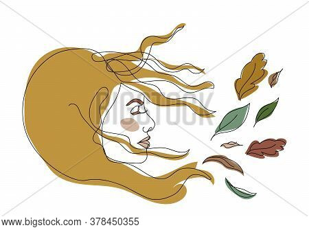 Beautiful Girl Symbolizing Fall. Autumn Time Concept. Profile Among Flying Leaves. Leaf Fall. Wind B