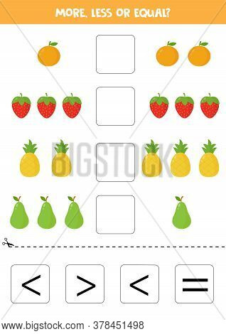 More, Less, Or Equal With Cute Cartoon Fruits.