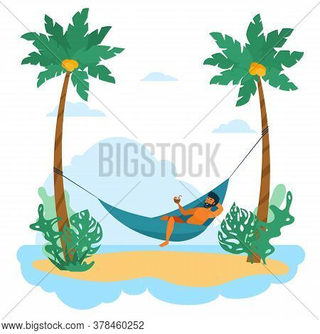 Swarthy Young Man Is Relax In Hammock With Coconut In Hand Among Palm On Island. Vector Flat Cartoon