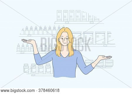Health, Care, Medicine, Presentation, Advertisement, Pharmacy Concept. Young Happy Smiling Woman Gir