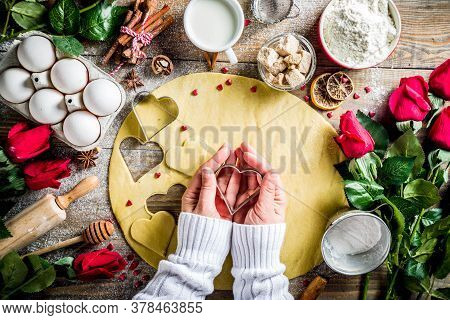 Valentine Day Baking Background. Ingredients For Cooking Valentine's Cookies. Flour, Eggs, Sugar On 