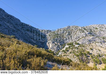 Landscape View From Mountains Above Ivan Dolac On Hvar Island In Croatia.