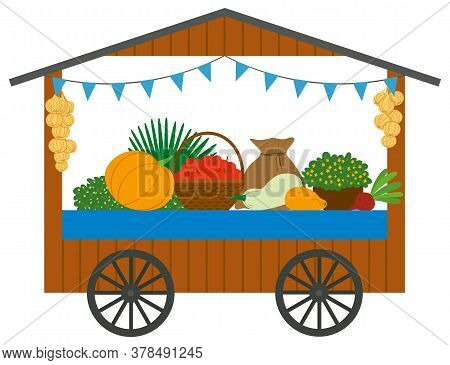 Market Place With Vegetables And Fruit, Wooden Track With Wheels And Products. Apples In Basket, Pum