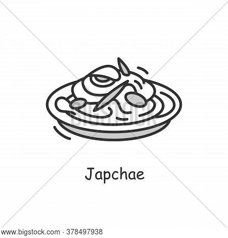 Japchae Icon.traditional Korean Stir Fried Noodles Bowl Outline Sign.asian Food With Sweet Potato, V