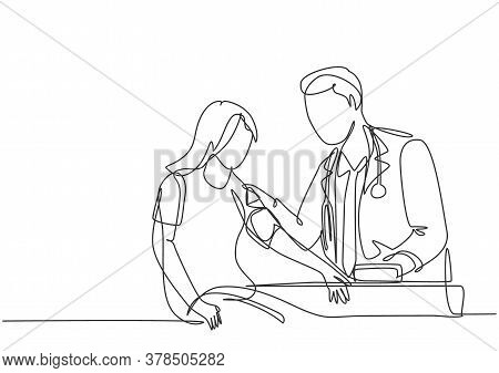 Single Continuous Line Drawing Of Young Male Doctor Examining Young Woman Patient Pulse Rate And Blo