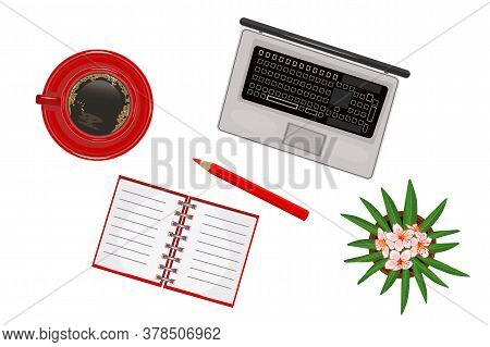 Set Of Office Supplies Isolated On White Background. Laptop, Coffee, Notebook, Pencil And Flower In 