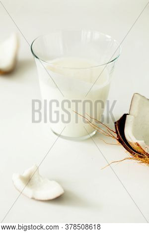 Glass Of Delicious Fresh Homemade Coconut Kefir Or Yogurt On White Background.non-dairy Lactose Free