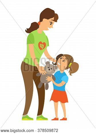Volunteering Woman Caring To Orphan Girl, Assistance Giving Toy To Child, Full Length And Portrait V