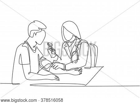One Continuous Single Line Drawing Of Young Female Doctor Check The Patient Blood Pressure And Pulse