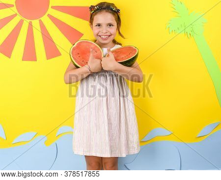 Little Girl On A Bright Background With The Italian Flag Holding A Fruit Basket In Her Hands. The Co