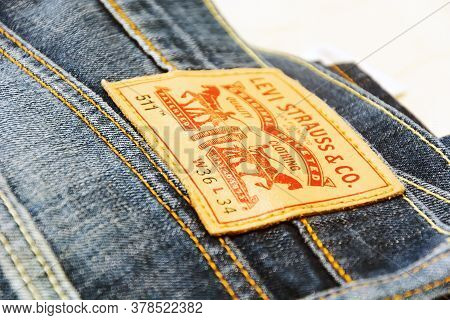 Rome, Italy, 26 July 2020: The Leather Label With The Levi's Brand Sewn On The Back Of A Pair Of Jea