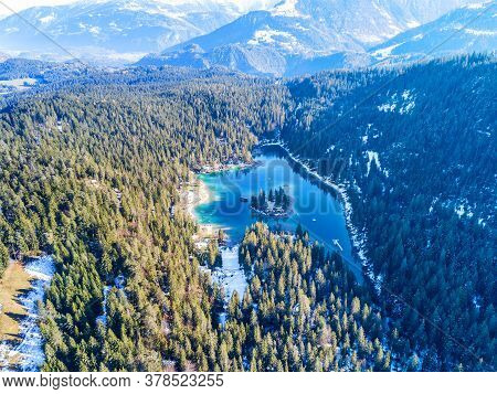 Aerial Image Of The Caumasee Lake With The Overview Into The Valley