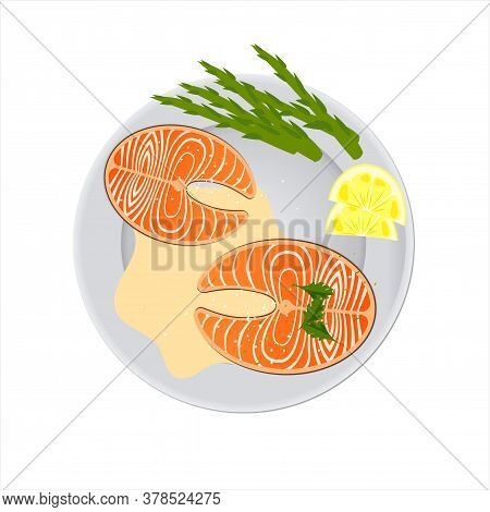 Plate With Salmon Steak, Lemon And Asparagus. View From Above. Seafood Food Concept. Creative Design