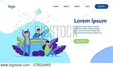 Tiny People Mixing Sugar In Big Cup Of Coffee Flat Vector Illustration. Cartoon Office Employees At 