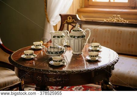 Castle Interior. Old Tea Set. Castle Bitov, South Moravia Region, Czech Republic, July 05, 2020