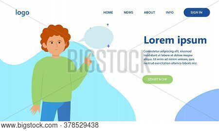 Red-haired Guy Pointing At Empty Speech Bubble. Finger, Chat, Network Flat Vector Illustration. Comm