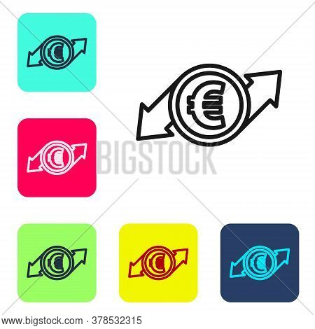 Black Line Financial Growth And Euro Coin Icon Isolated On White Background. Increasing Revenue. Set