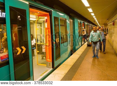 Frankfurt, Germany - August 31, 2018: People At Subway Platform, Frankfurt, Germany