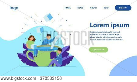 Happy People Mixing Sugar In Big Cup Of Tea. Spoon, Office, Lunch Flat Vector Illustration. Hot Beve