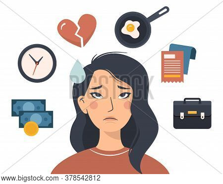 Flat Vector Illustration Of A Sad Asian Woman Who Is Tired And Annoyed. Factors Of Irritation Around
