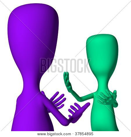หุ่นสีม่วง และสีเขียว 3D กระบอกทักทายอย่างมีความสุข