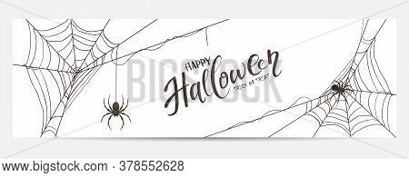 Halloween Banner With Black Spiders And Cobwebs Isolated On White Background. Scary Illustration Can