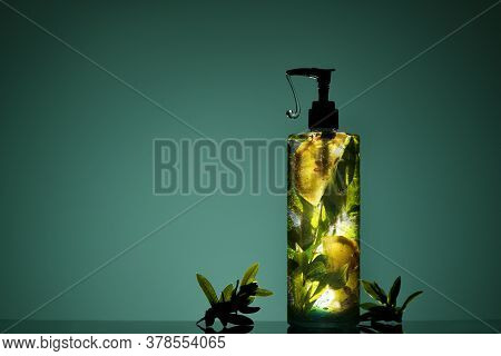 Face Cleanser Bottle With Gel With Lemon And Leaves And Dosator