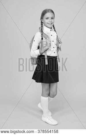 Knowledge Day. Childhood Development. School Girl Wear Uniform. Pretty Little Girl Ready To Study. B