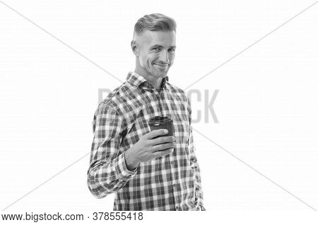 Morning Begins After Coffee. Happy Guy Drink Coffee In Morning. Handsome Man Hold Hot Cup Isolated O