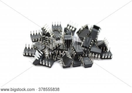 Group Of Electronic Microchip Isolated On A White Background. Electronic Components Close-up, Select