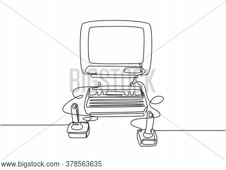 One Single Line Drawing Set Of Retro Old Classic Arcade Video Game Player With Joystick. Vintage Con