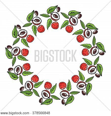 Circle Frame With Lychees Isolated On White Background. Vector Illustration. Doodle Style. Design El