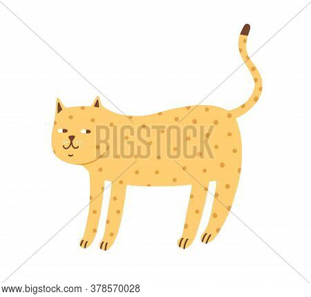 Cunning Cute Spotted Cat Vector Flat Illustration. Funny Hand Drawn Domestic Animal Decorated With D
