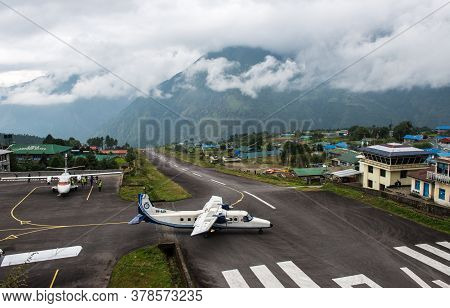 Lukla, Nepal : September-29-2018 : The Aircraft Preparing For Taking Off On The Runway Of Tenzing-hi