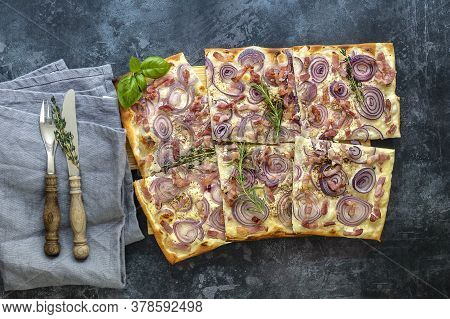Traditional German Open Tart Flammkuchen - With Beacon, Red Onion, And Fresh Cream.
