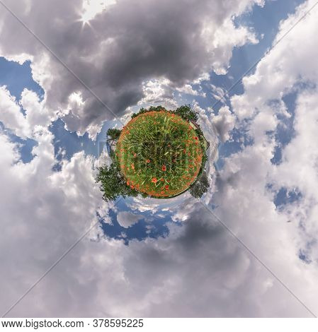 Little Planet Transformation Of Spherical Panorama 360 Degrees. Spherical Abstract Aerial View In Po