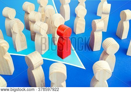 A Red Leader With A Team Formation In A Single Direction Breaks Through The Crowd. Breaking New Grou