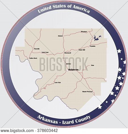 Round Button With Detailed Map Of Izard County In Arkansas, Usa.